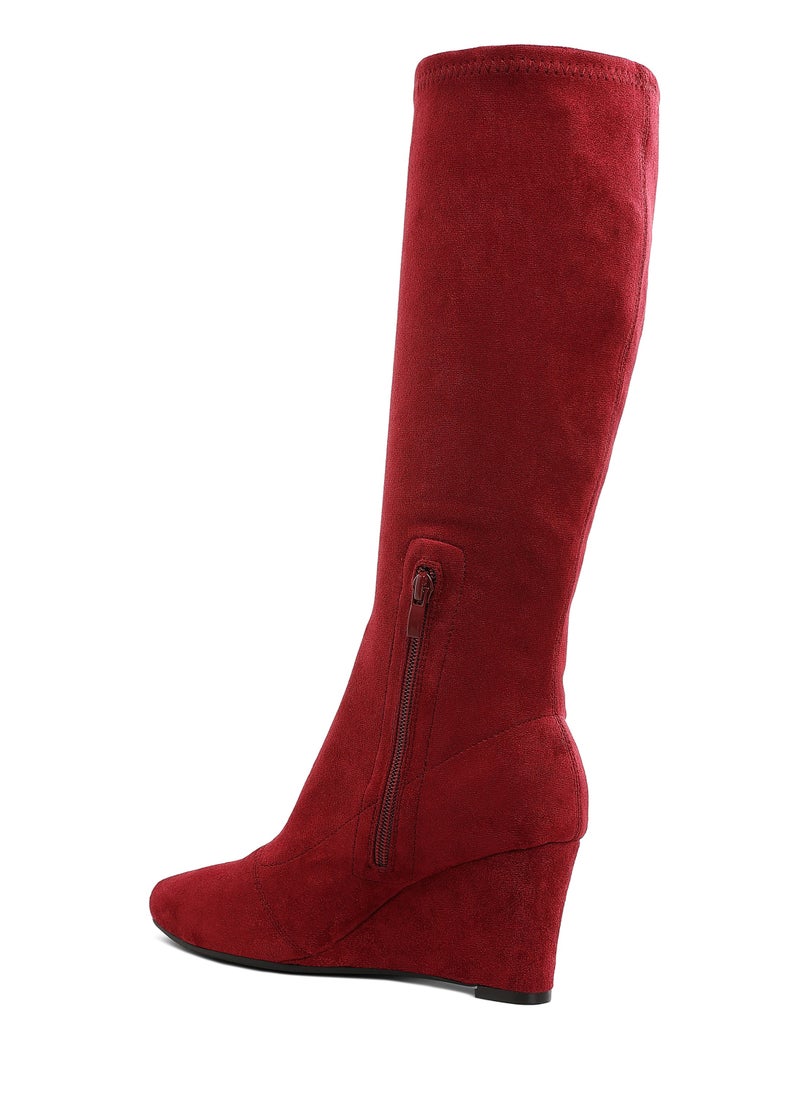 Microfiber Wedge Heel Boots in Dark Red