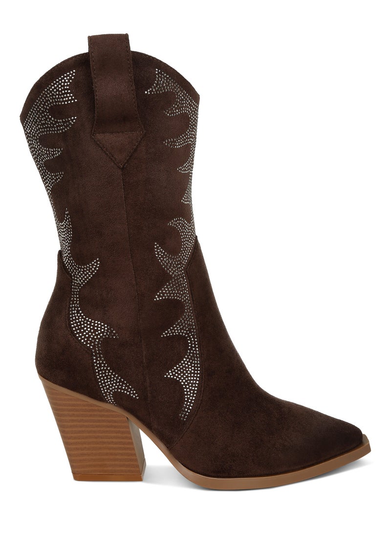 Rhinestones Embellished Calf Boots in Brown