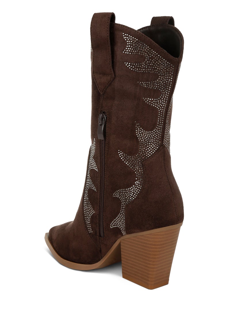 Rhinestones Embellished Calf Boots in Brown