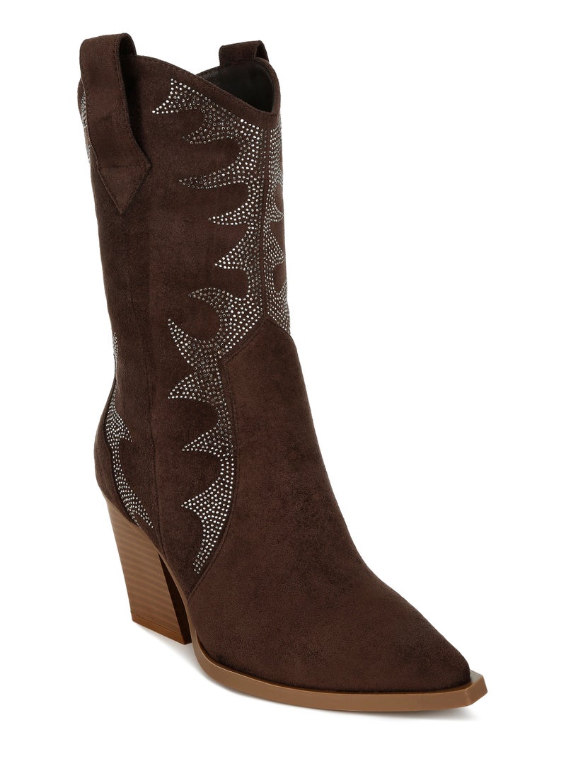 Rhinestones Embellished Calf Boots in Brown