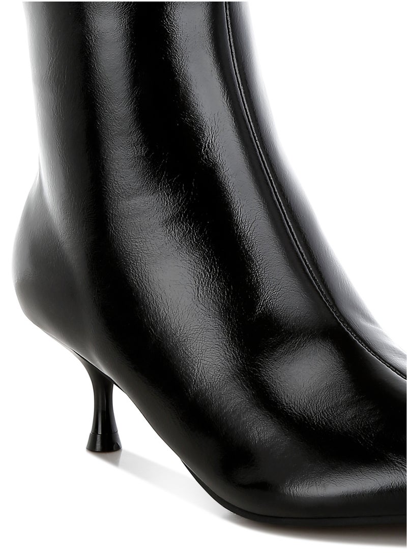 Faux Leather Kitten Heel Boots in Black