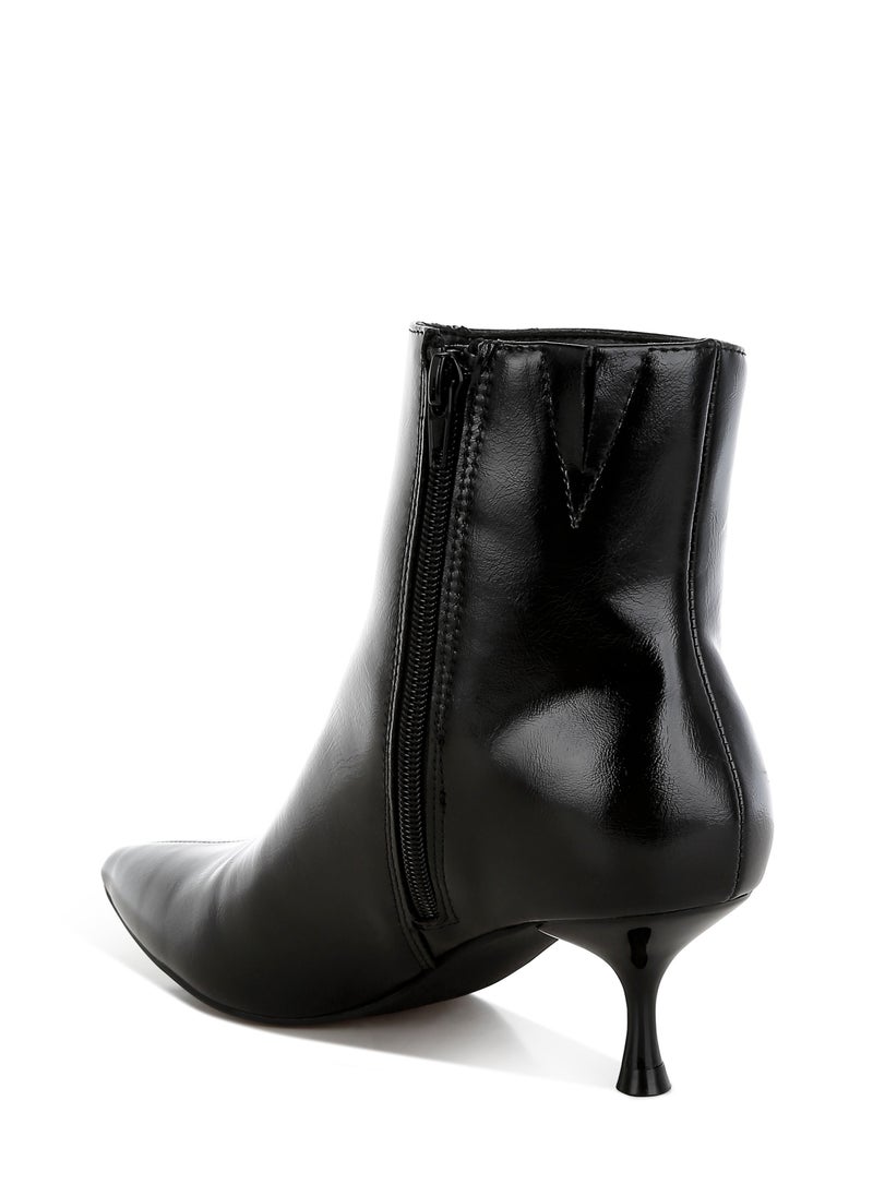 Faux Leather Kitten Heel Boots in Black