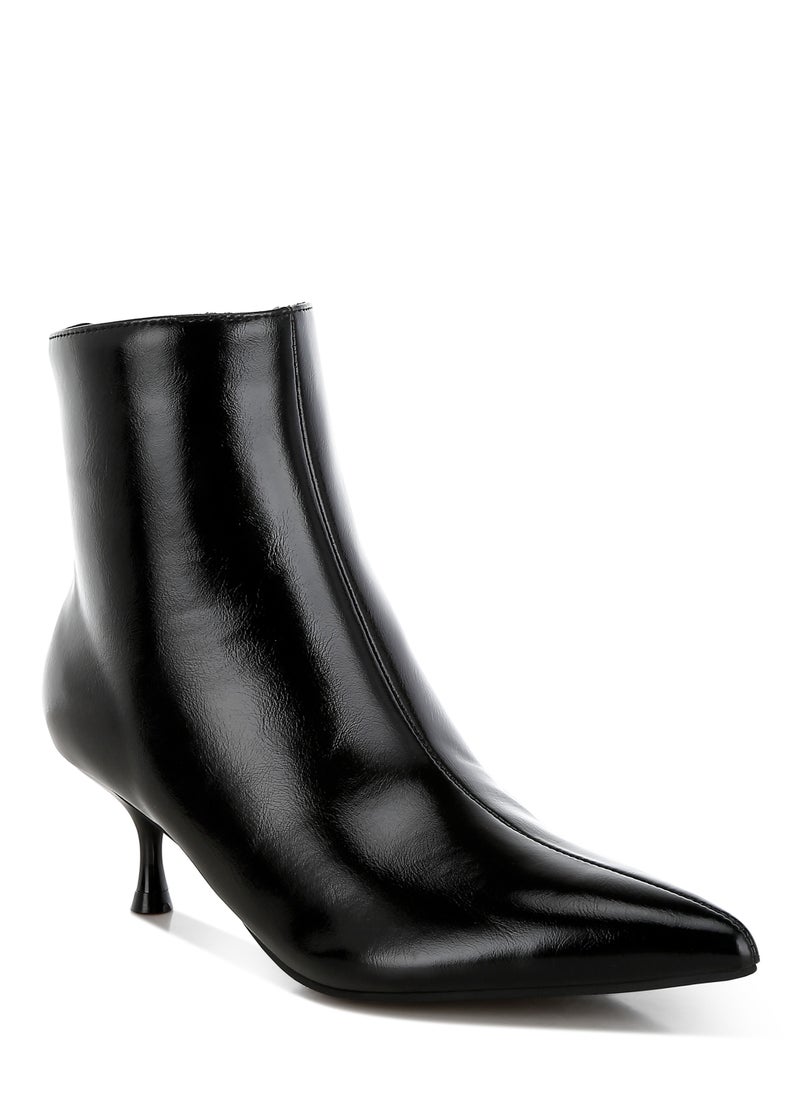 Faux Leather Kitten Heel Boots in Black