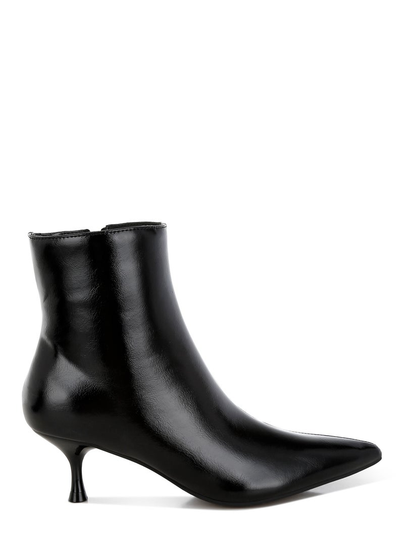 Faux Leather Kitten Heel Boots in Black