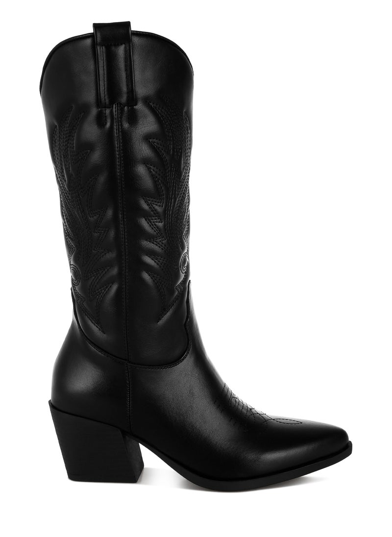 Faux Leather Long Cowboy Boots in Black