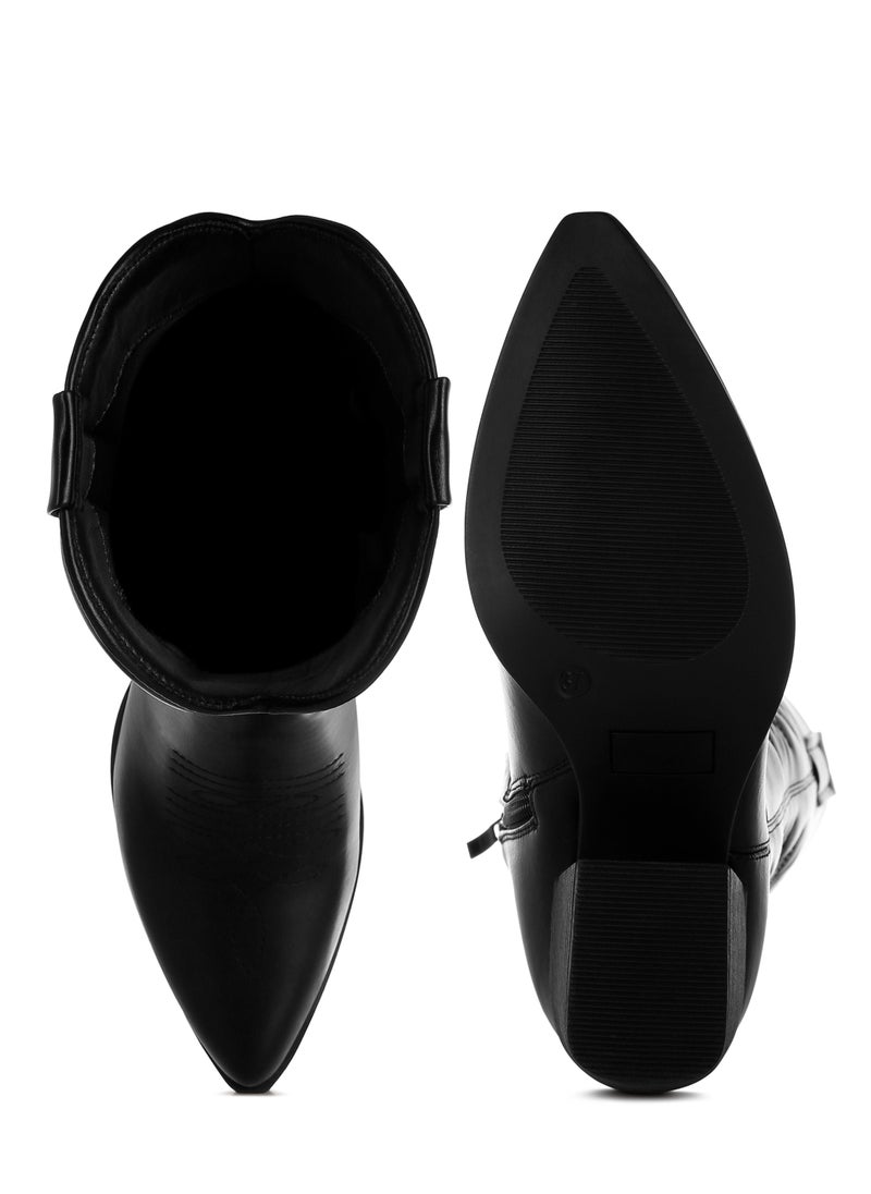 Faux Leather Long Cowboy Boots in Black