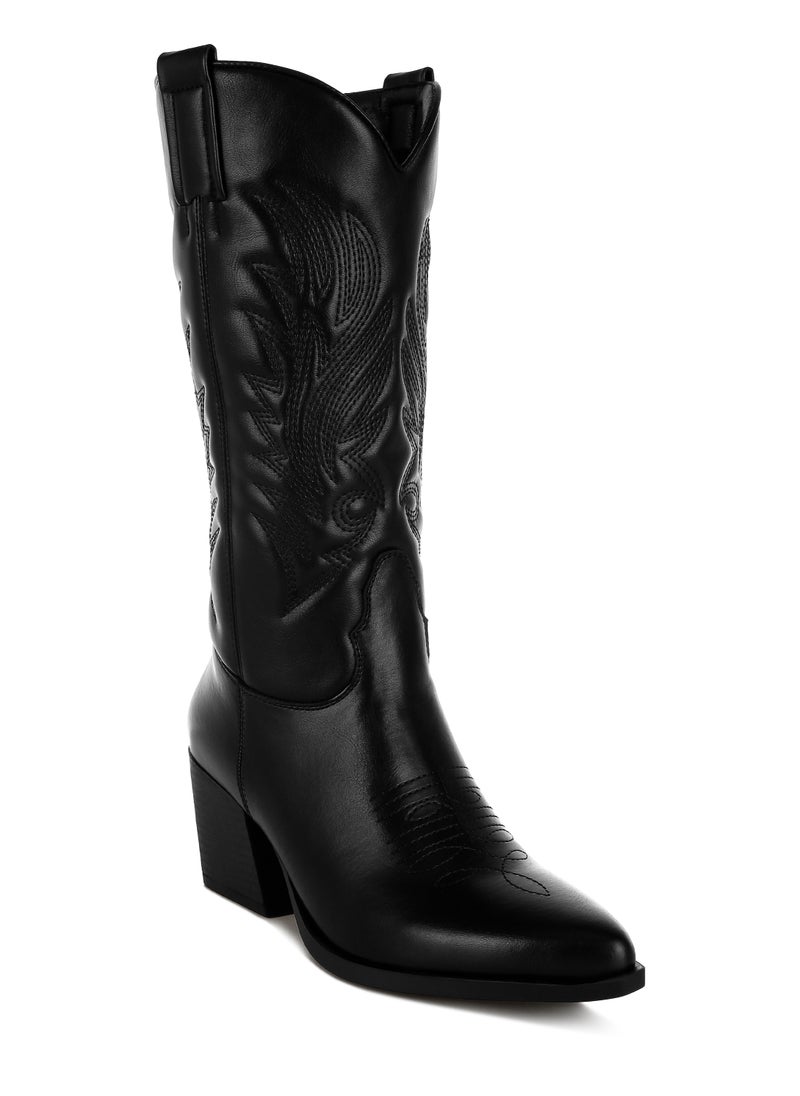 Faux Leather Long Cowboy Boots in Black