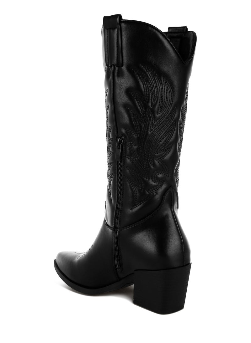 Faux Leather Long Cowboy Boots in Black