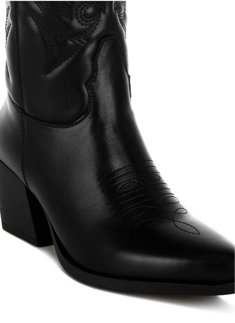 Faux Leather Long Cowboy Boots in Black