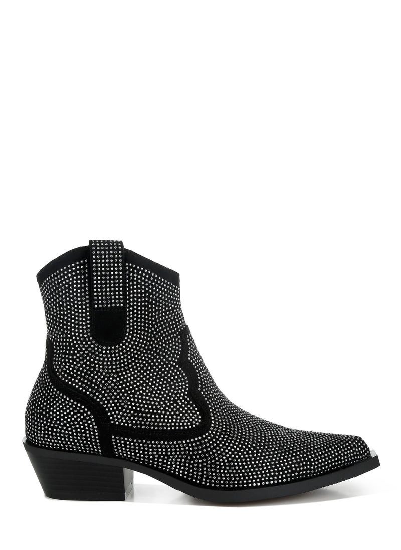 Rhinestones Embellished Cowboy Boots in Black