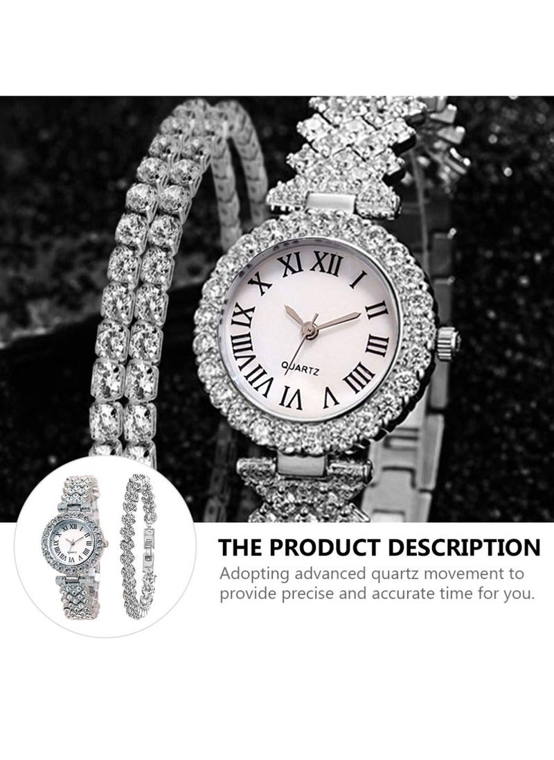 2pcs Rhinestone Watch Set Shiny Quartz Crystal Wrist Watch Luxury Diamond Shining Bling Watches with Stainless Steel Bracelet Gift for Women Girls Birthday (Silver)