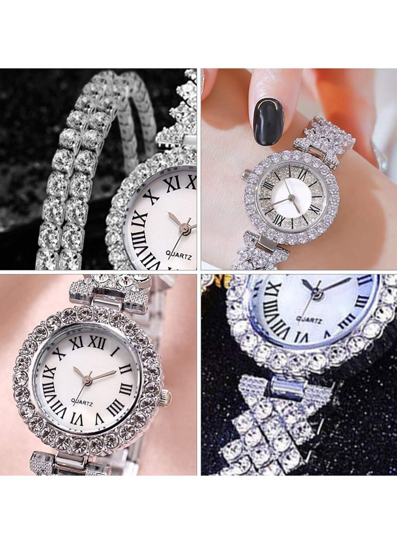 2pcs Rhinestone Watch Set Shiny Quartz Crystal Wrist Watch Luxury Diamond Shining Bling Watches with Stainless Steel Bracelet Gift for Women Girls Birthday (Silver)