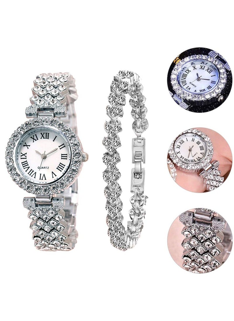 2pcs Rhinestone Watch Set Shiny Quartz Crystal Wrist Watch Luxury Diamond Shining Bling Watches with Stainless Steel Bracelet Gift for Women Girls Birthday (Silver)