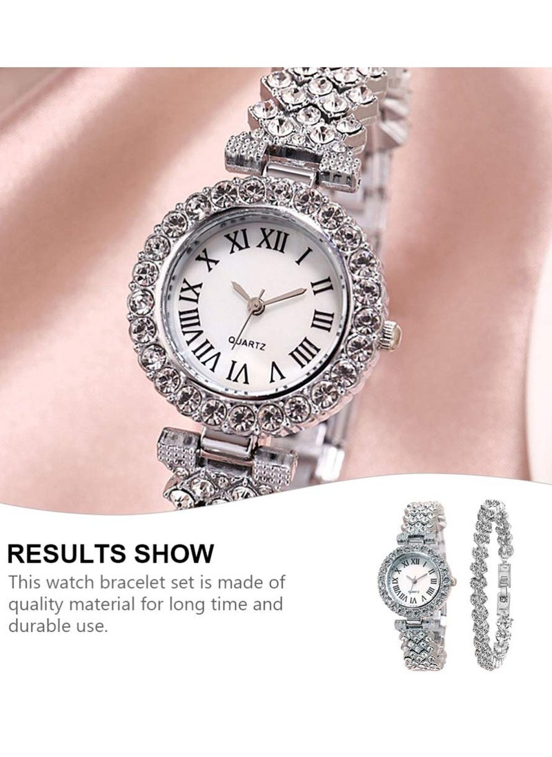 2pcs Rhinestone Watch Set Shiny Quartz Crystal Wrist Watch Luxury Diamond Shining Bling Watches with Stainless Steel Bracelet Gift for Women Girls Birthday (Silver)