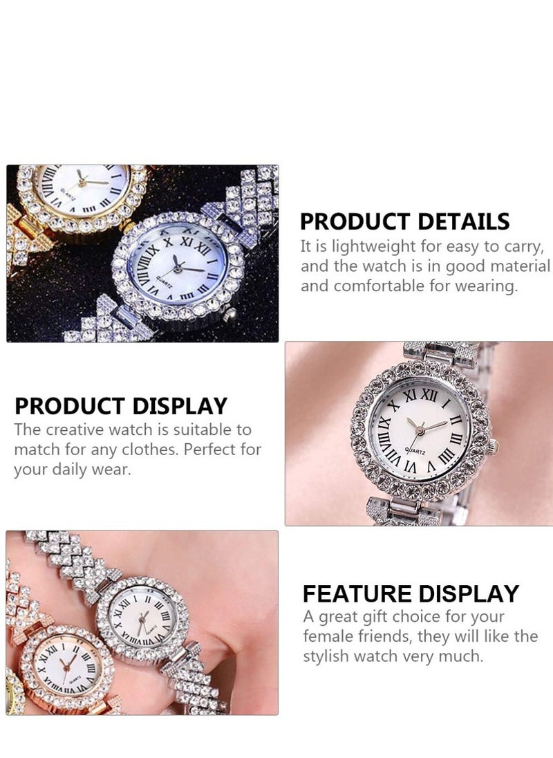 2pcs Rhinestone Watch Set Shiny Quartz Crystal Wrist Watch Luxury Diamond Shining Bling Watches with Stainless Steel Bracelet Gift for Women Girls Birthday (Silver)