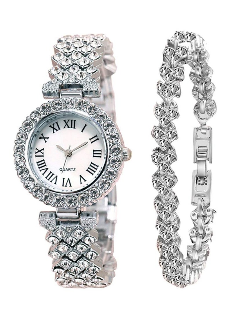 2pcs Rhinestone Watch Set Shiny Quartz Crystal Wrist Watch Luxury Diamond Shining Bling Watches with Stainless Steel Bracelet Gift for Women Girls Birthday (Silver)