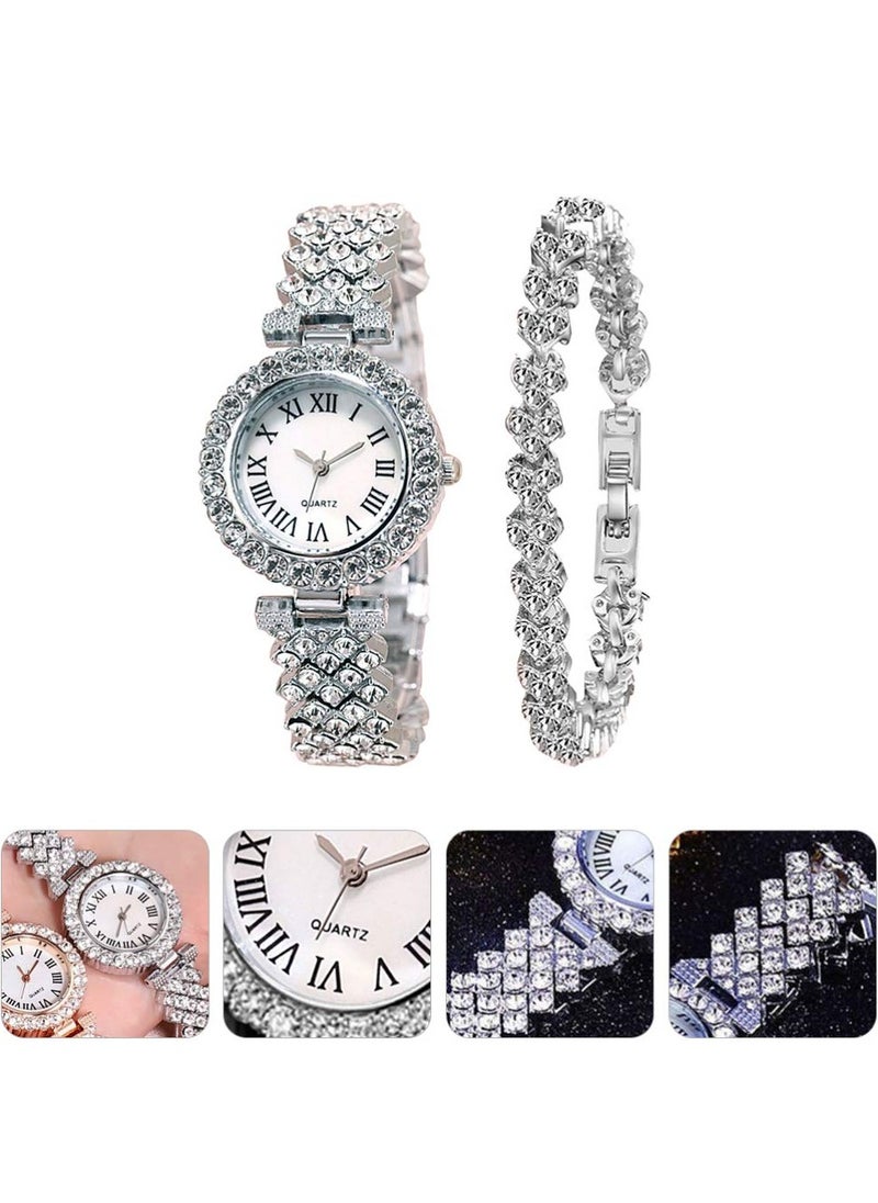 2pcs Rhinestone Watch Set Shiny Quartz Crystal Wrist Watch Luxury Diamond Shining Bling Watches with Stainless Steel Bracelet Gift for Women Girls Birthday (Silver)