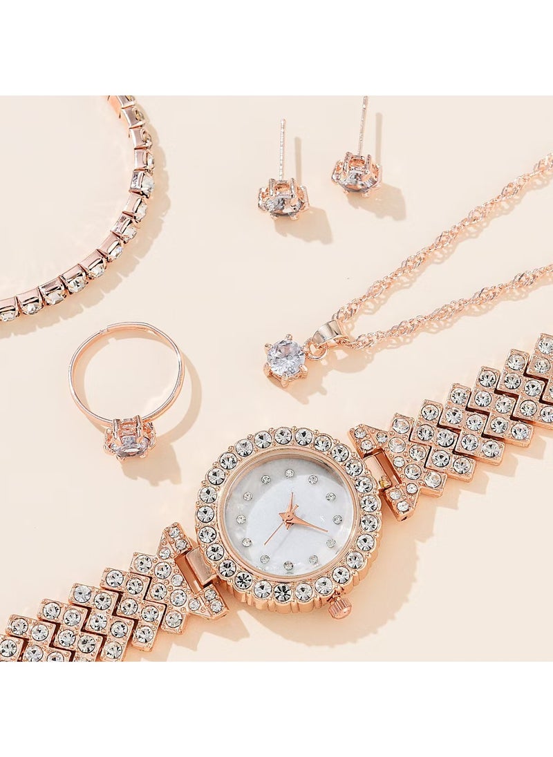 5pcs Rhinestone Watch Set Shiny Quartz Crystal Wrist Watch Luxury Diamond Shining Bling Watches with Stainless Steel Bracelet Gift for Women Girls Birthday (Silver)