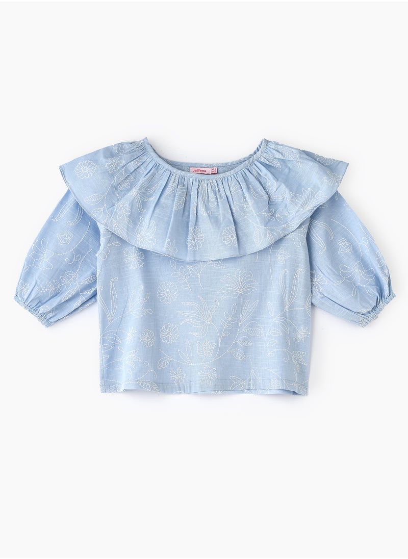 Girls' Blue Frill Neck Embroidered Top