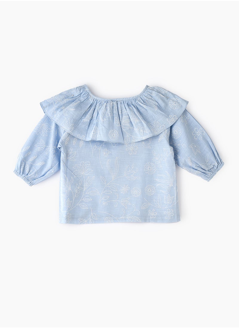 Girls' Blue Frill Neck Embroidered Top