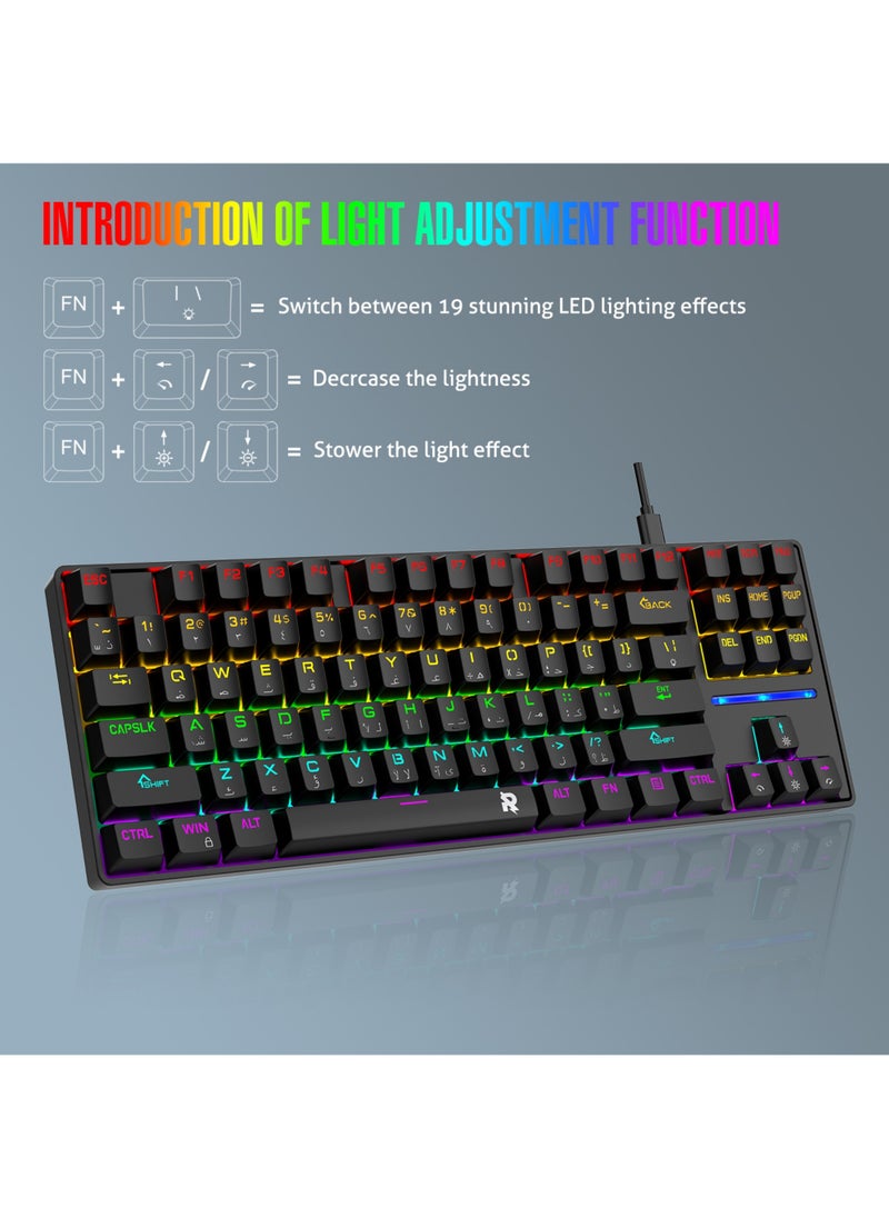 75% Gaming Keyboard Arabic English 87 Keys Mechanical Keyboard with RGB Backlit 19 Modes Hot Swap Wired Mini Keyboard PBT Keycaps for PC Gaming and Working (Blue Switch)