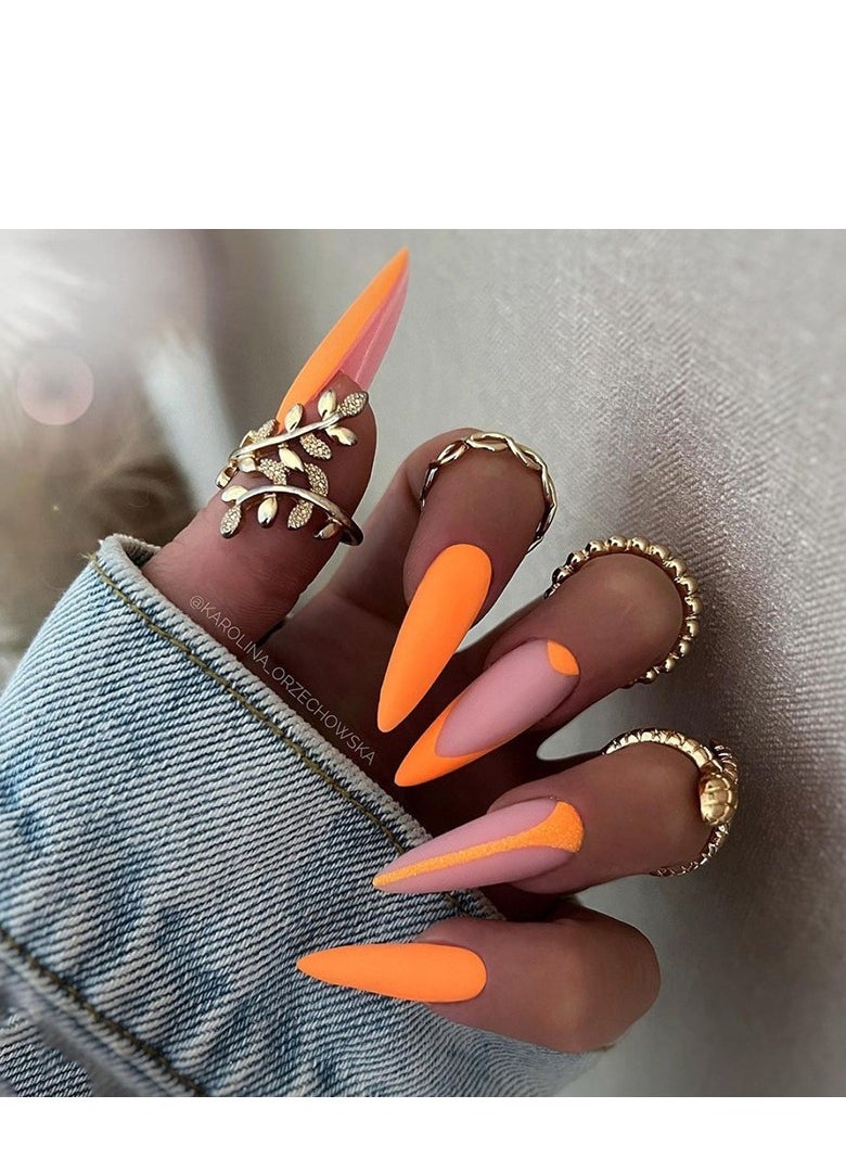 24PCS Almond Press on Nails, Neon Orange & Pink Matte Fake Nails, Glossy Stick-on Nails with Gel Glue, Nail File, Cleaning Pad, Wooden Stick, Easy to Apply & Long-Lasting