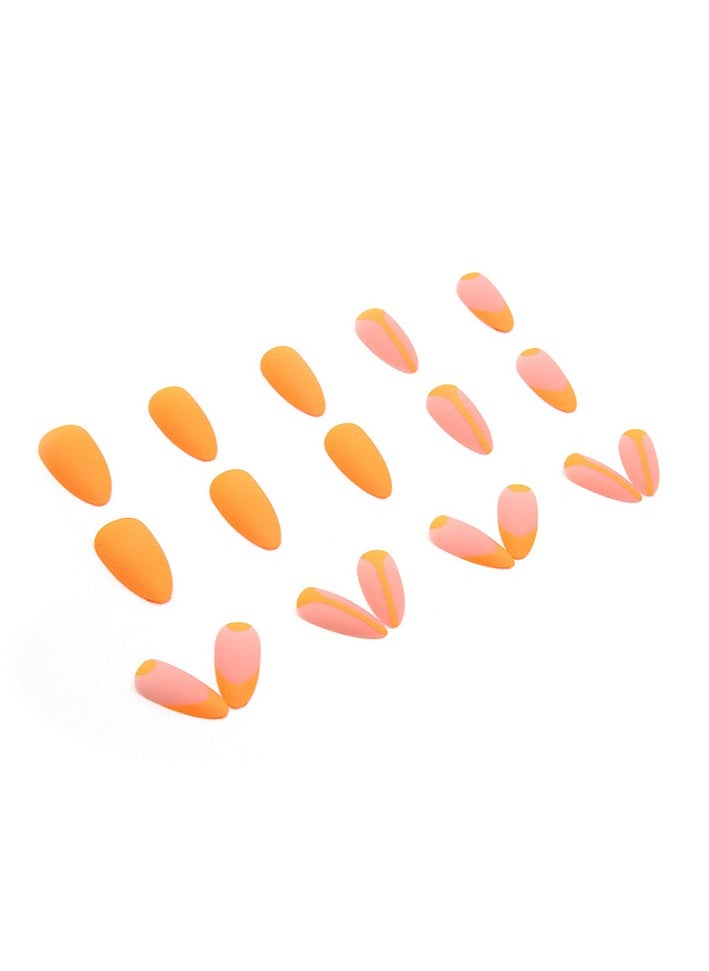 24PCS Almond Press on Nails, Neon Orange & Pink Matte Fake Nails, Glossy Stick-on Nails with Gel Glue, Nail File, Cleaning Pad, Wooden Stick, Easy to Apply & Long-Lasting