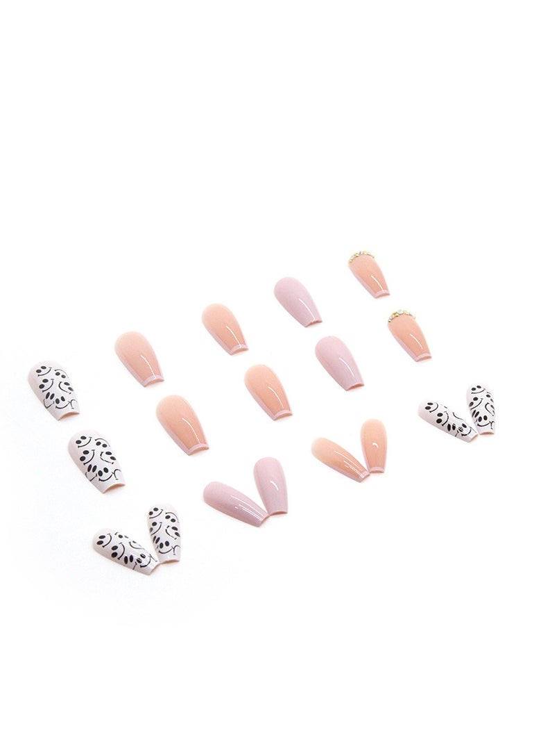 24 Pcs Square Press on Nails, Pink & White with Smile Face Print French Tip Fake Nails, Glossy Stick-on Nails with Gel Glue, Nail File, Cleaning Pad, Wooden Stick, Easy to Apply & Long-Lasting