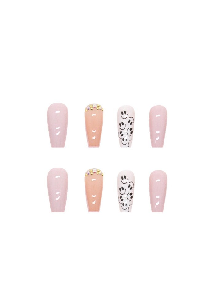 24 Pcs Square Press on Nails, Pink & White with Smile Face Print French Tip Fake Nails, Glossy Stick-on Nails with Gel Glue, Nail File, Cleaning Pad, Wooden Stick, Easy to Apply & Long-Lasting