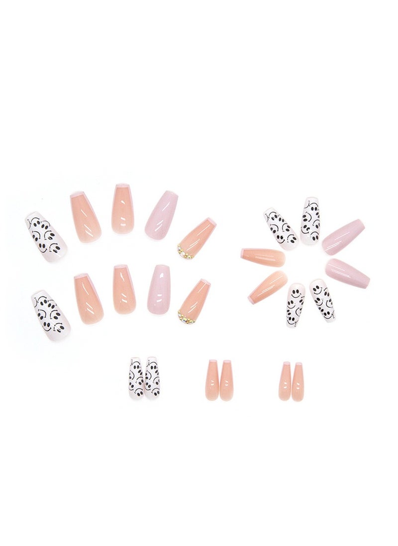 24 Pcs Square Press on Nails, Pink & White with Smile Face Print French Tip Fake Nails, Glossy Stick-on Nails with Gel Glue, Nail File, Cleaning Pad, Wooden Stick, Easy to Apply & Long-Lasting