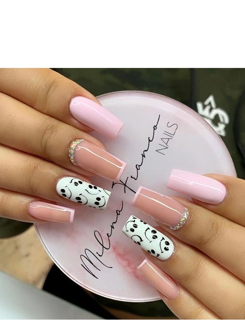 24 Pcs Square Press on Nails, Pink & White with Smile Face Print French Tip Fake Nails, Glossy Stick-on Nails with Gel Glue, Nail File, Cleaning Pad, Wooden Stick, Easy to Apply & Long-Lasting