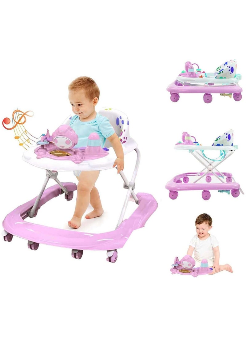 5-in-1 Baby Walker with Wheels & 5 Adjustable Heights, Foldable Activity Walker with Feeding Tray, Music Toy for Boys and Girls (Pink)