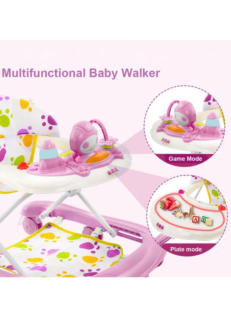 5-in-1 Baby Walker with Wheels & 5 Adjustable Heights, Foldable Activity Walker with Feeding Tray, Music Toy for Boys and Girls (Pink)