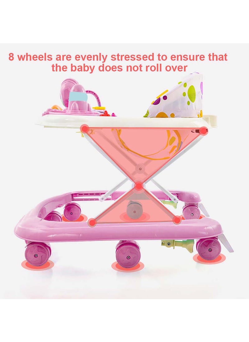 5-in-1 Baby Walker with Wheels & 5 Adjustable Heights, Foldable Activity Walker with Feeding Tray, Music Toy for Boys and Girls (Pink)