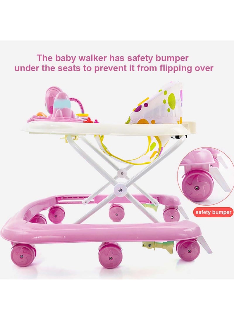 5-in-1 Baby Walker with Wheels & 5 Adjustable Heights, Foldable Activity Walker with Feeding Tray, Music Toy for Boys and Girls (Pink)