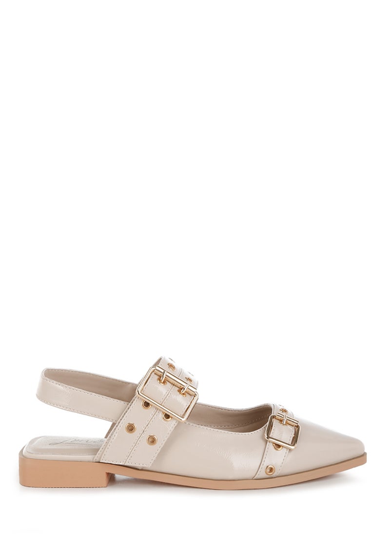 Eyelets & Buckle Detail Flats in Beige