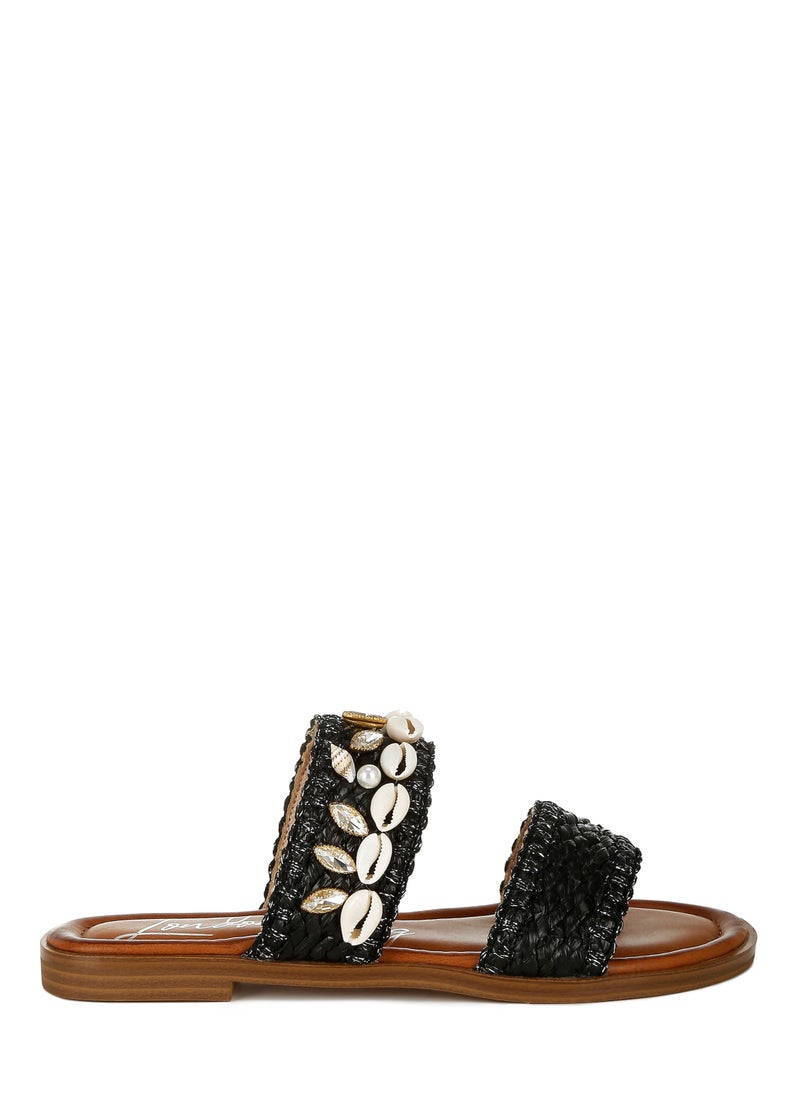 Shell & Diamante Slip On Sandals in Black