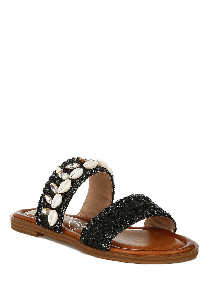 Shell & Diamante Slip On Sandals in Black