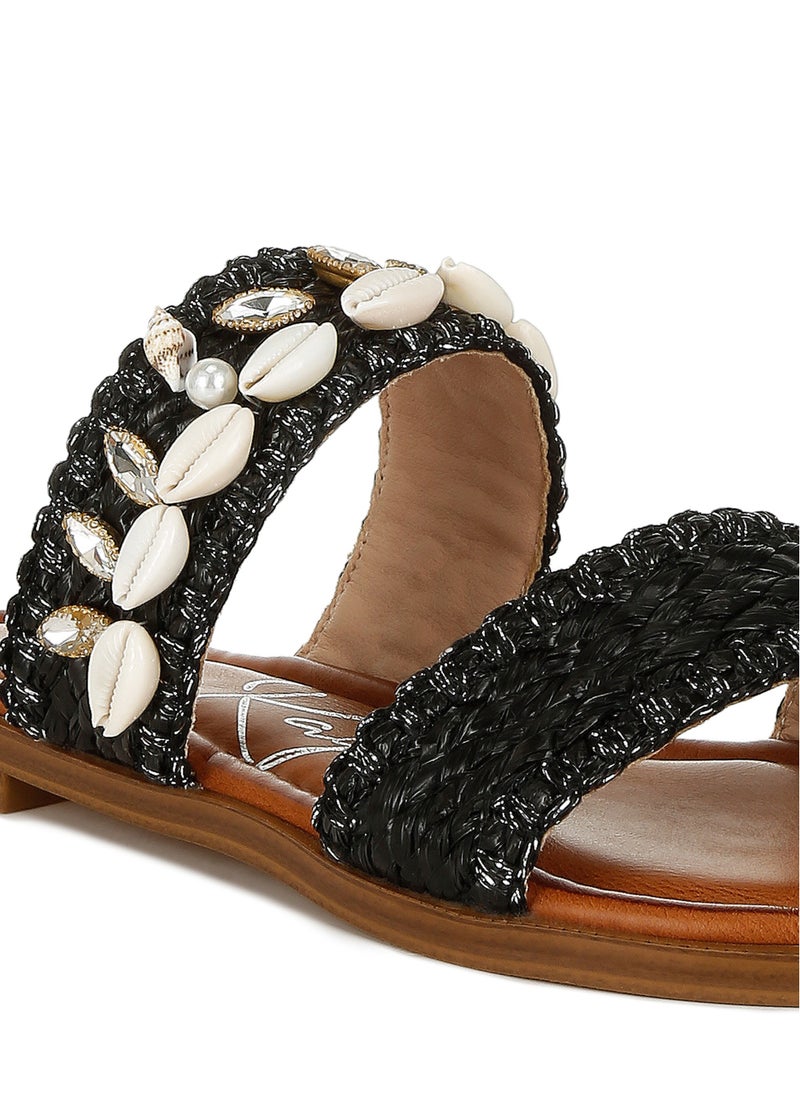 Shell & Diamante Slip On Sandals in Black