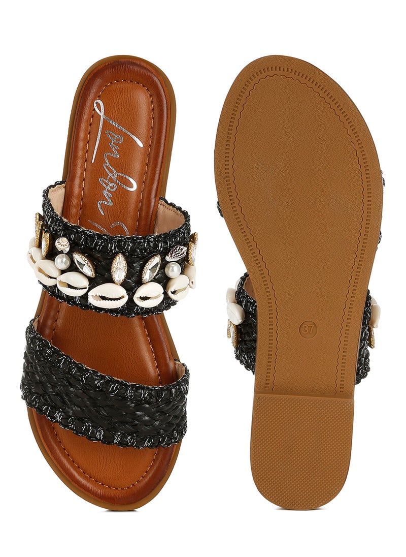 Shell & Diamante Slip On Sandals in Black