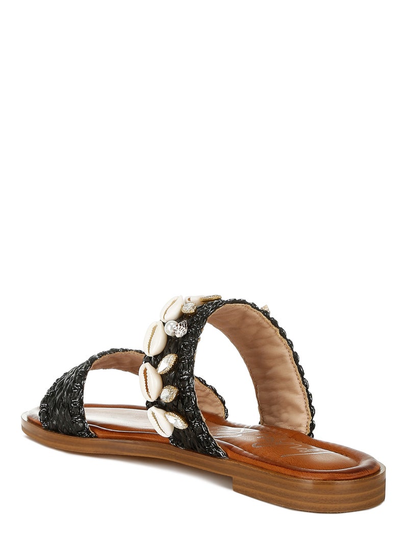 Shell & Diamante Slip On Sandals in Black