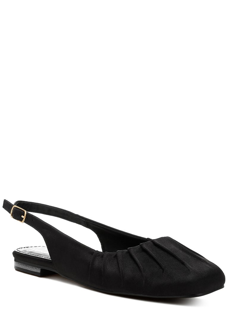 Satin Square Toe Flat Slingbacks in Black