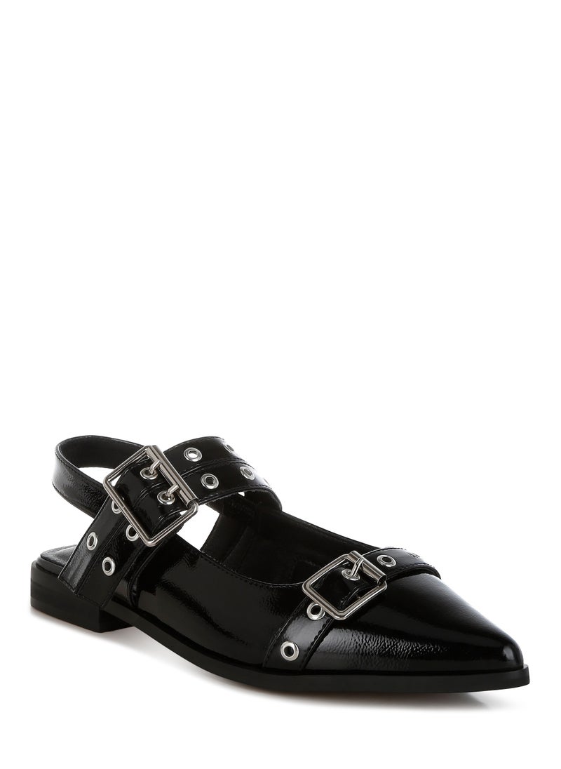 Eyelets & Buckle Detail Flats in Black