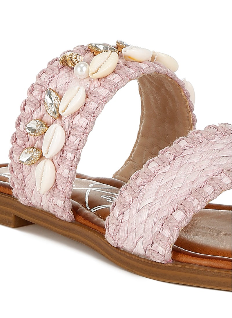 Shell & Diamante Slip On Sandals in pink