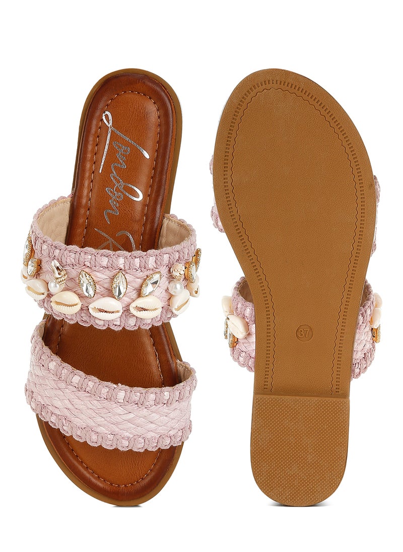 Shell & Diamante Slip On Sandals in pink