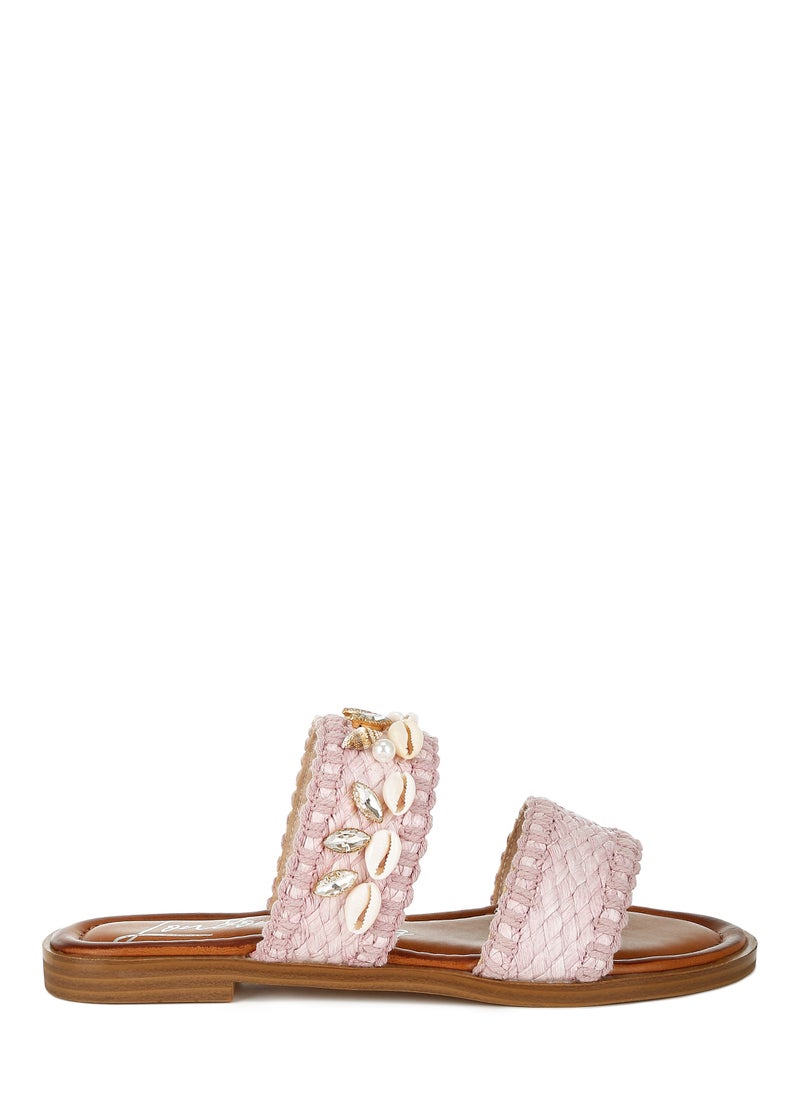 Shell & Diamante Slip On Sandals in pink