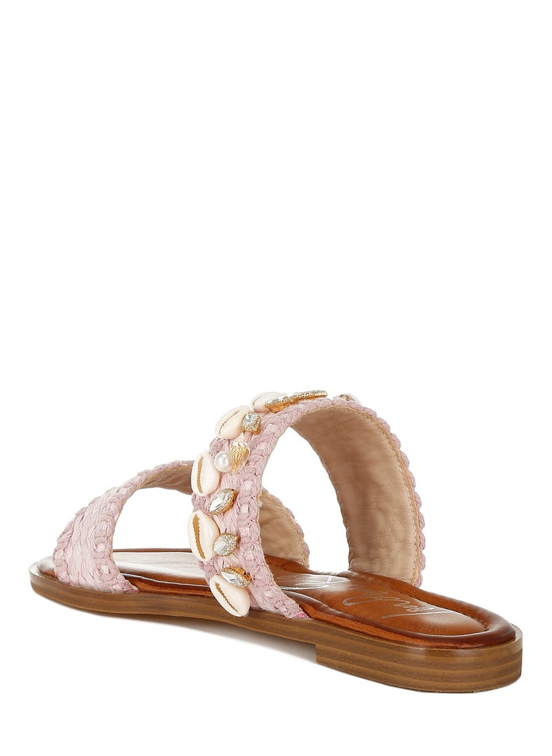 Shell & Diamante Slip On Sandals in pink