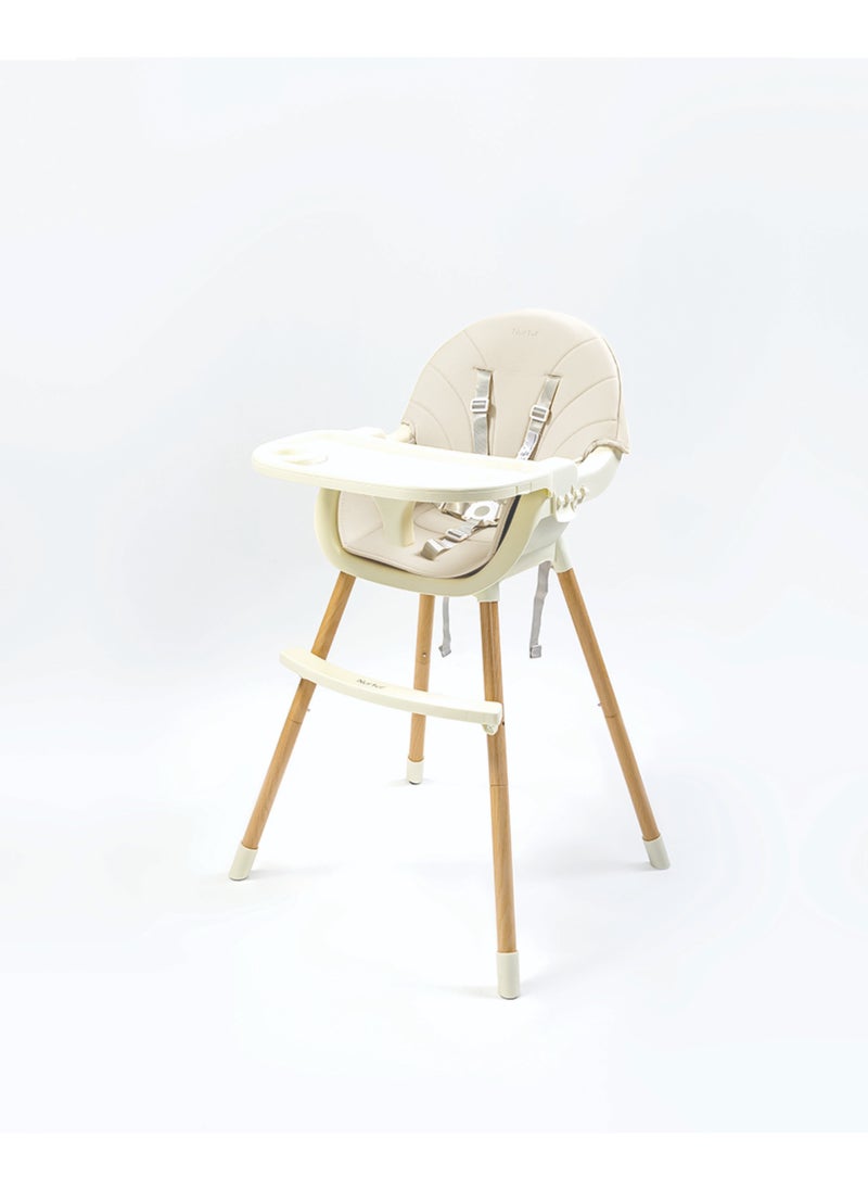 Nurtur 2 in 1High chair, adjustable height, wooden finish, with padded cushioning, Detachable Tray, footrest included - Beige