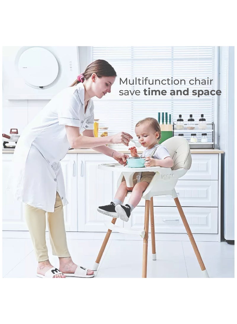 Nurtur 2 in 1High chair, adjustable height, wooden finish, with padded cushioning, Detachable Tray, footrest included - Beige