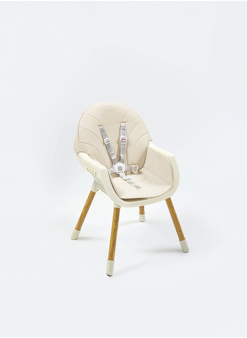 Nurtur 2 in 1High chair, adjustable height, wooden finish, with padded cushioning, Detachable Tray, footrest included - Beige